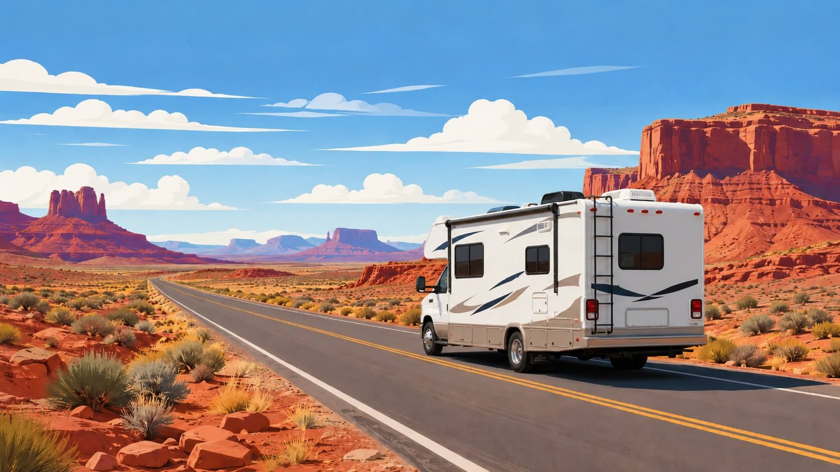Autocaravana circulando por una carretera de Monument Valley, entre Arizona y Utah, con formaciones rocosas rojizas al fondo.