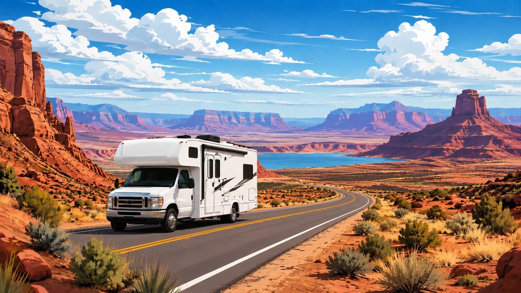 Autocaravana de alquiler en EE. UU. circulando por una carretera entre Arizona y Utah, con paisaje rocoso y lago al fond