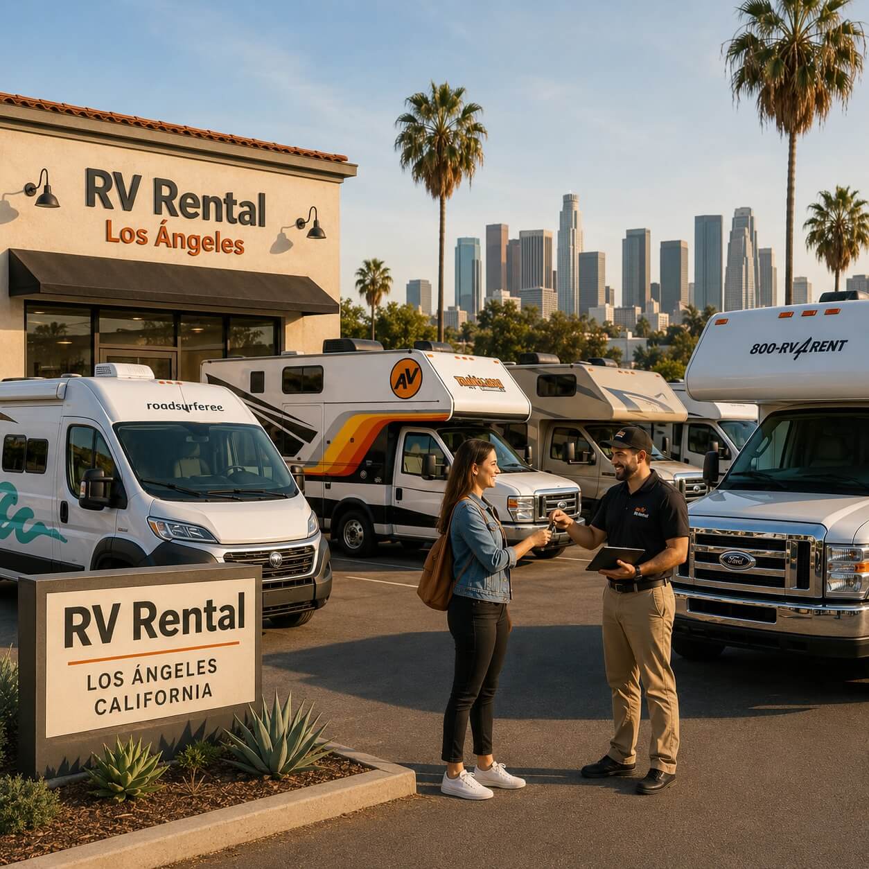 Cliente recibiendo las llaves en una empresa de alquiler de autocaravanas en Los Ángeles, con varios vehículos aparcados