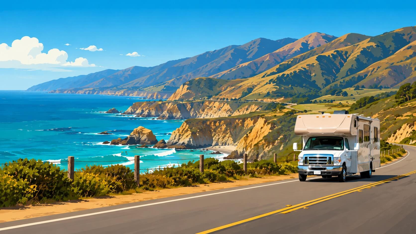 Autocaravana recorriendo la Highway 1 en Big Sur, California, junto a los acantilados y el océano Pacífico.